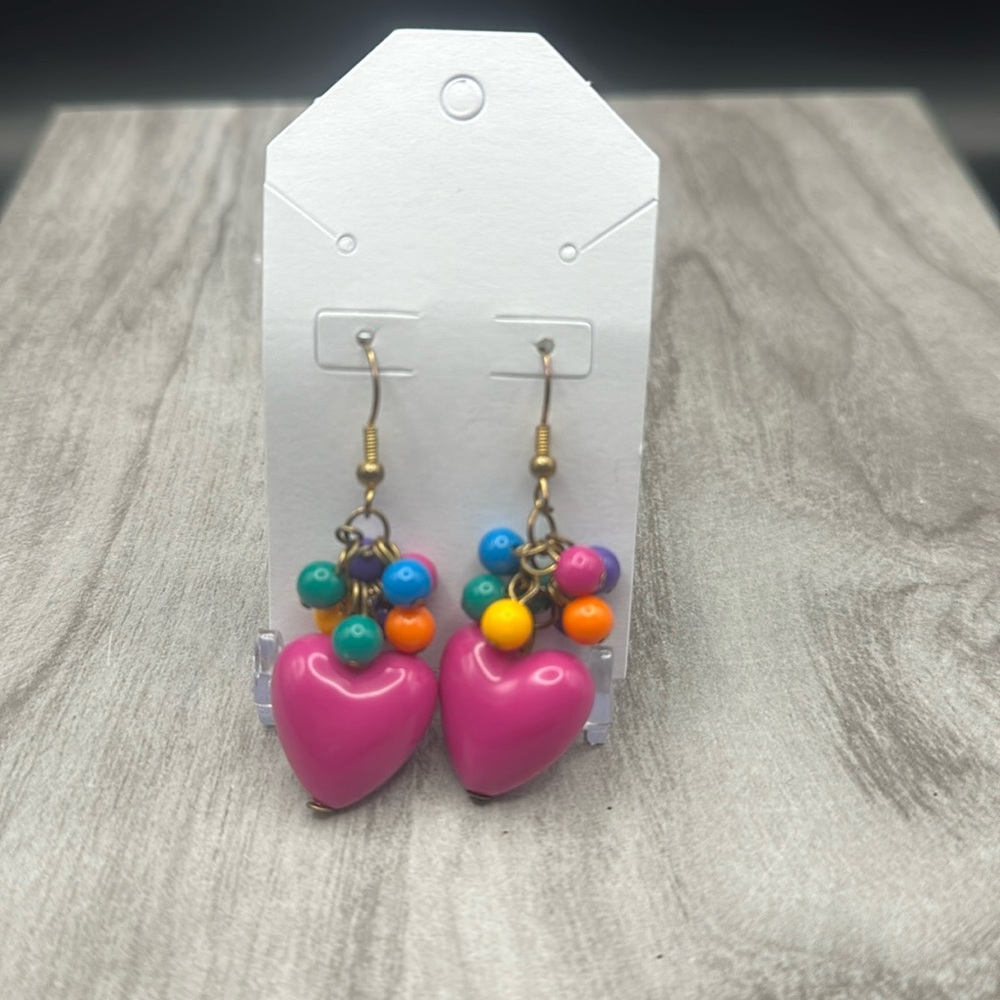 Rainbow Beaded Heart Dangle Earrings